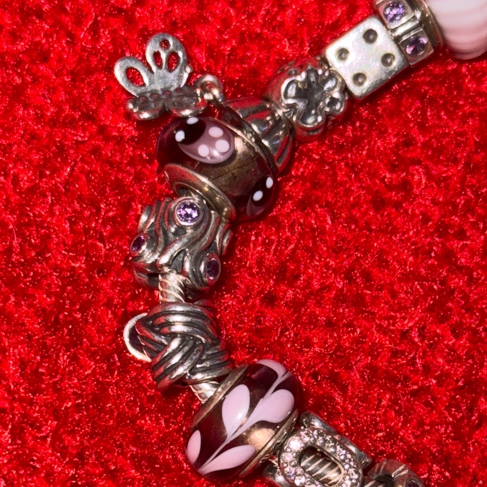 Pandora Silver and Purple Charm Bracelet with Iridescent Beads - Picture 2 of 9